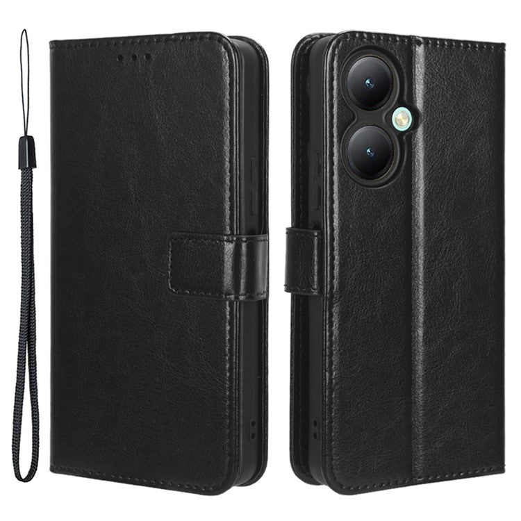 For vivo Y35+ 5G / Y35m+ 5G / Y27 4G Crazy Horse Texture Phone Stand Case PU Leather Anti-drop Wallet Cover - Black