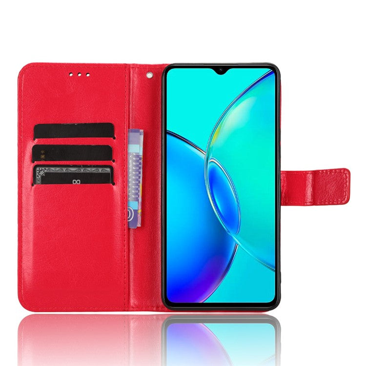 For vivo Y35+ 5G / Y35m+ 5G / Y27 4G Crazy Horse Texture Phone Stand Case PU Leather Anti-drop Wallet Cover - Red