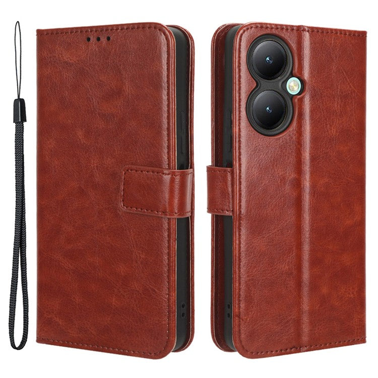 For vivo Y35+ 5G / Y35m+ 5G / Y27 4G Crazy Horse Texture Phone Stand Case PU Leather Anti-drop Wallet Cover - Brown