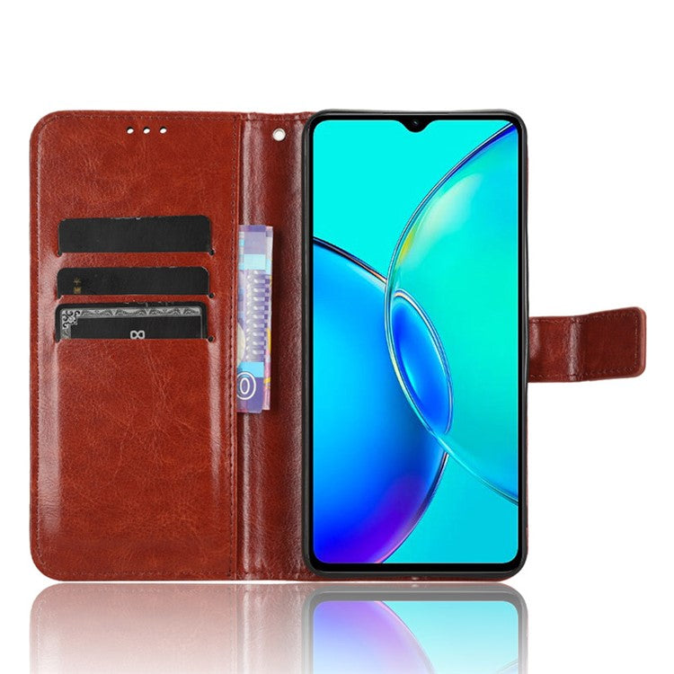 For vivo Y35+ 5G / Y35m+ 5G / Y27 4G Crazy Horse Texture Phone Stand Case PU Leather Anti-drop Wallet Cover - Brown