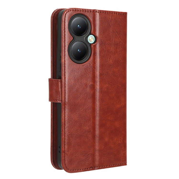 For vivo Y35+ 5G / Y35m+ 5G / Y27 4G Crazy Horse Texture Phone Stand Case PU Leather Anti-drop Wallet Cover - Brown