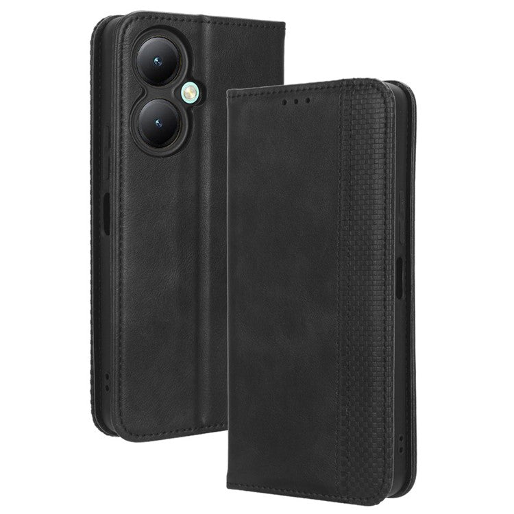 For vivo Y35+ 5G / Y35m+ 5G / Y27 4G Retro Phone Case Stand PU Leather Wallet Full Protection Phone Cover - Black