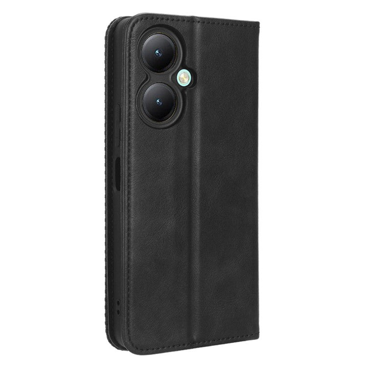 For vivo Y35+ 5G / Y35m+ 5G / Y27 4G Retro Phone Case Stand PU Leather Wallet Full Protection Phone Cover - Black