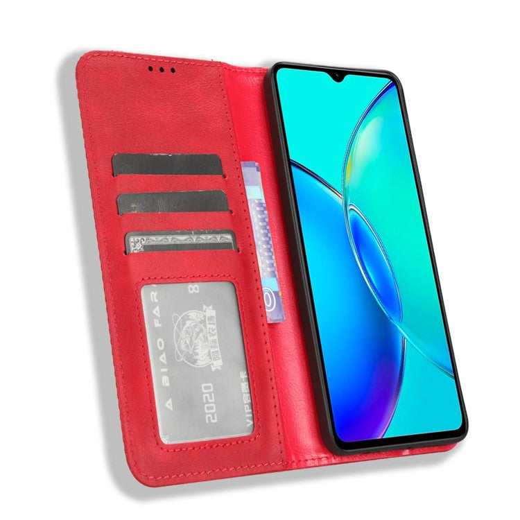 For vivo Y35+ 5G / Y35m+ 5G / Y27 4G Retro Phone Case Stand PU Leather Wallet Full Protection Phone Cover - Red