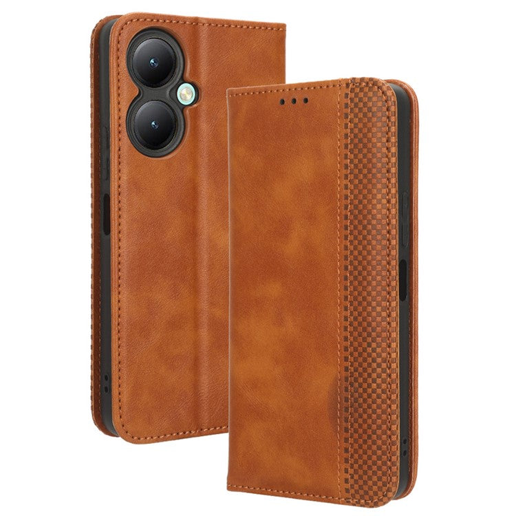 For vivo Y35+ 5G / Y35m+ 5G / Y27 4G Retro Phone Case Stand PU Leather Wallet Full Protection Phone Cover - Brown