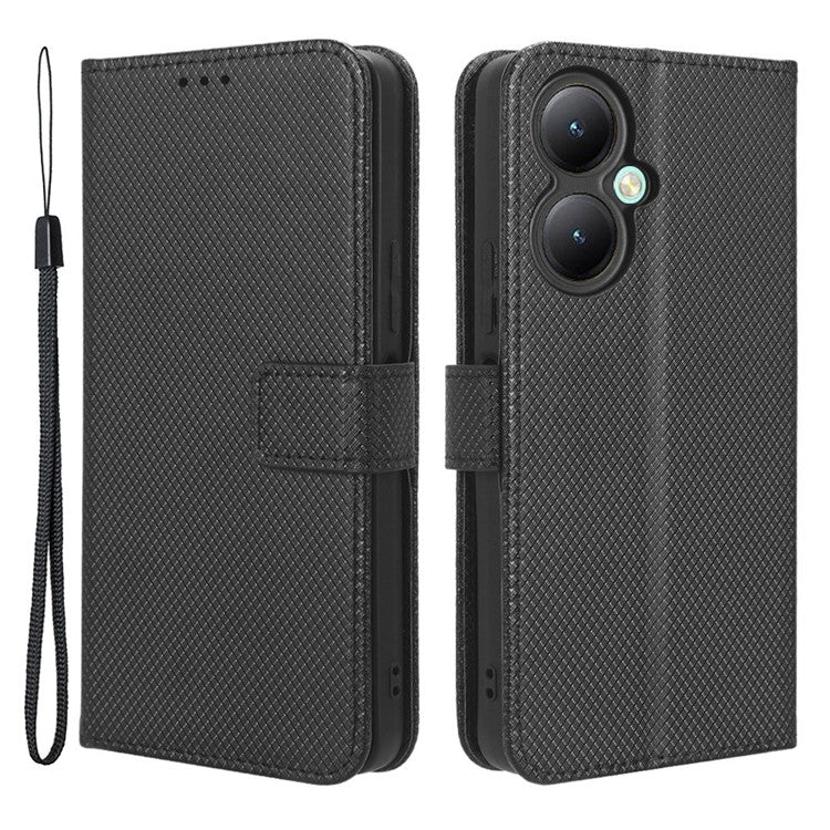 For vivo Y35+ 5G / Y35m+ 5G / Y27 4G PU Leather Wallet Phone Case Stand Diamond Texture Phone Cover - Black