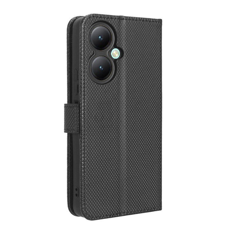 For vivo Y35+ 5G / Y35m+ 5G / Y27 4G PU Leather Wallet Phone Case Stand Diamond Texture Phone Cover - Black