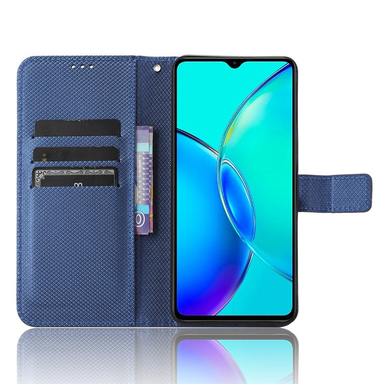 For vivo Y35+ 5G / Y35m+ 5G / Y27 4G PU Leather Wallet Phone Case Stand Diamond Texture Phone Cover - Blue