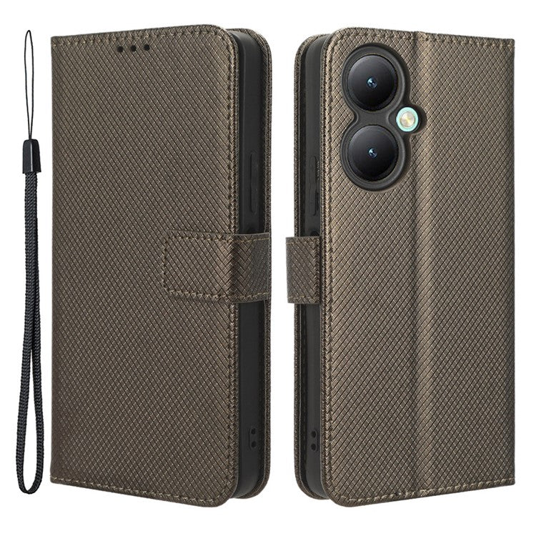 For vivo Y35+ 5G / Y35m+ 5G / Y27 4G PU Leather Wallet Phone Case Stand Diamond Texture Phone Cover - Brown