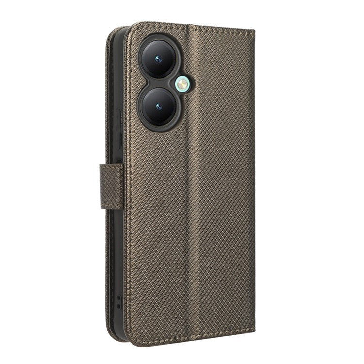 For vivo Y35+ 5G / Y35m+ 5G / Y27 4G PU Leather Wallet Phone Case Stand Diamond Texture Phone Cover - Brown