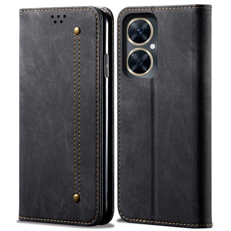 For vivo Y78 5G / Y78+ 5G Jeans Cloth Texture Wallet Case PU Leather Flip Stand Phone Cover - Black