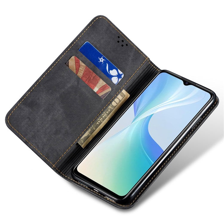 For vivo Y78 5G / Y78+ 5G Jeans Cloth Texture Wallet Case PU Leather Flip Stand Phone Cover - Black