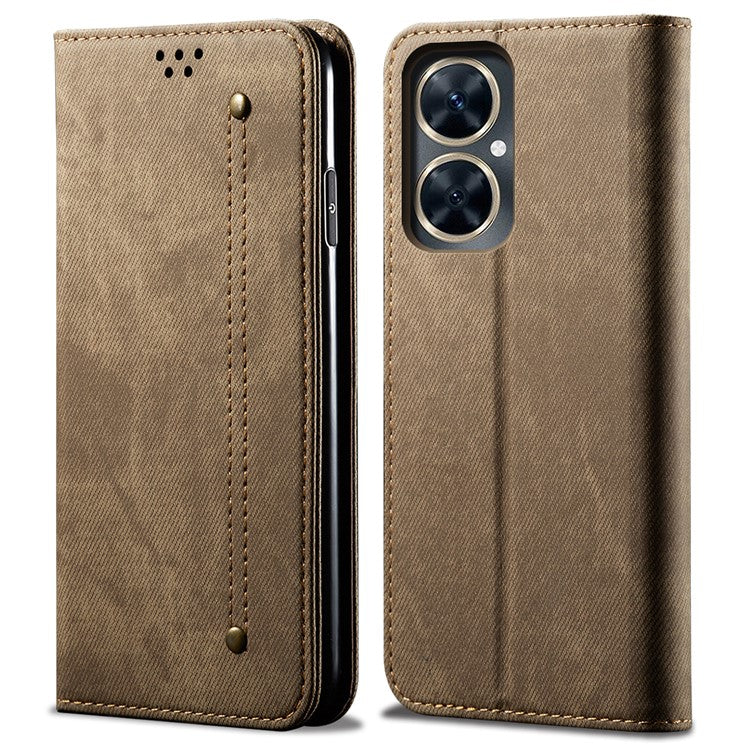 For vivo Y78 5G / Y78+ 5G Jeans Cloth Texture Wallet Case PU Leather Flip Stand Phone Cover - Khaki