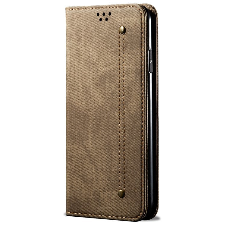 For vivo Y78 5G / Y78+ 5G Jeans Cloth Texture Wallet Case PU Leather Flip Stand Phone Cover - Khaki