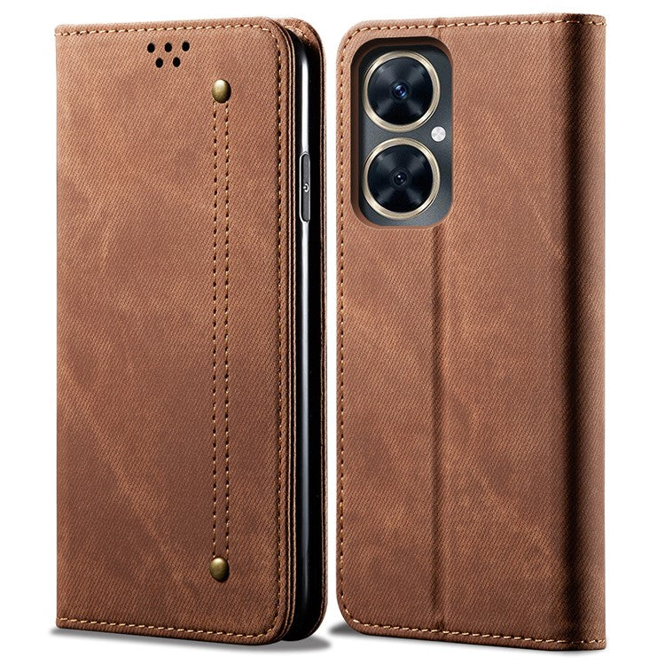 For vivo Y78 5G / Y78+ 5G Jeans Cloth Texture Wallet Case PU Leather Flip Stand Phone Cover - Coffee