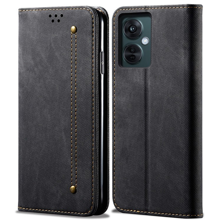 Leather Phone Case for vivo Y78 (China) 5G / Y36 4G (Global) / Y36 5G (Global) , Jeans Cloth Texture Wallet Stand Magnetic Flip Cover - Black