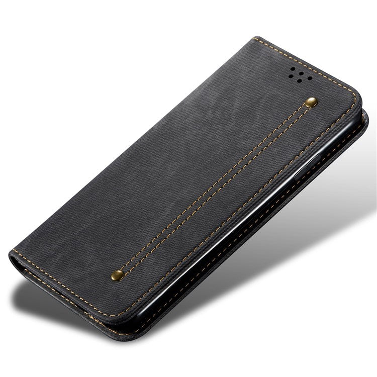 Leather Phone Case for vivo Y78 (China) 5G / Y36 4G (Global) / Y36 5G (Global) , Jeans Cloth Texture Wallet Stand Magnetic Flip Cover - Black