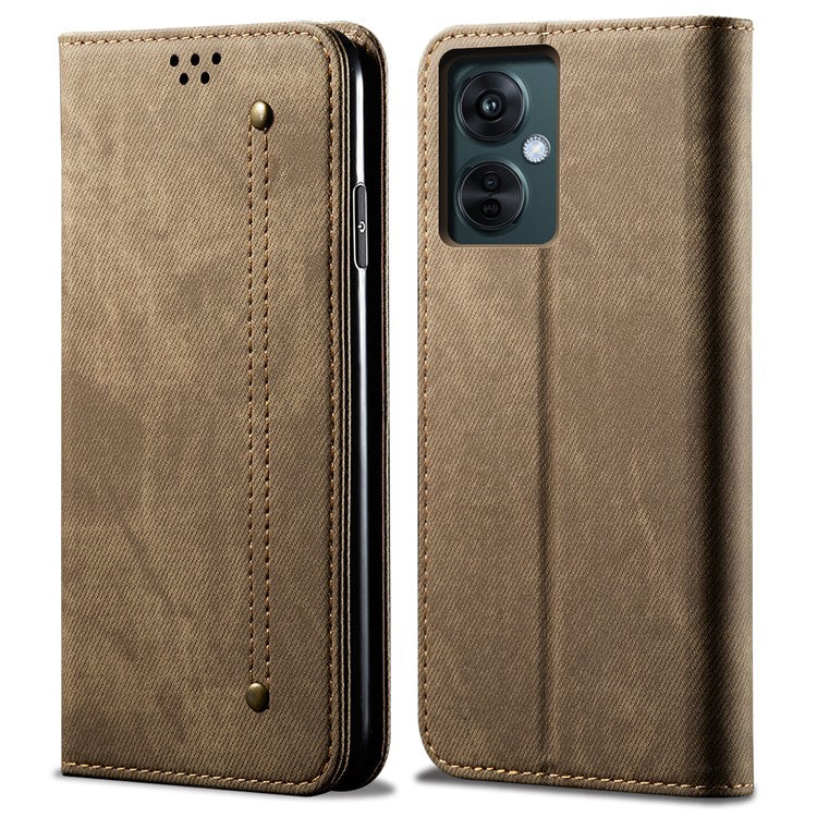 Leather Phone Case for vivo Y78 (China) 5G / Y36 4G (Global) / Y36 5G (Global) , Jeans Cloth Texture Wallet Stand Magnetic Flip Cover - Khaki