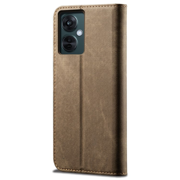 Leather Phone Case for vivo Y78 (China) 5G / Y36 4G (Global) / Y36 5G (Global) , Jeans Cloth Texture Wallet Stand Magnetic Flip Cover - Khaki