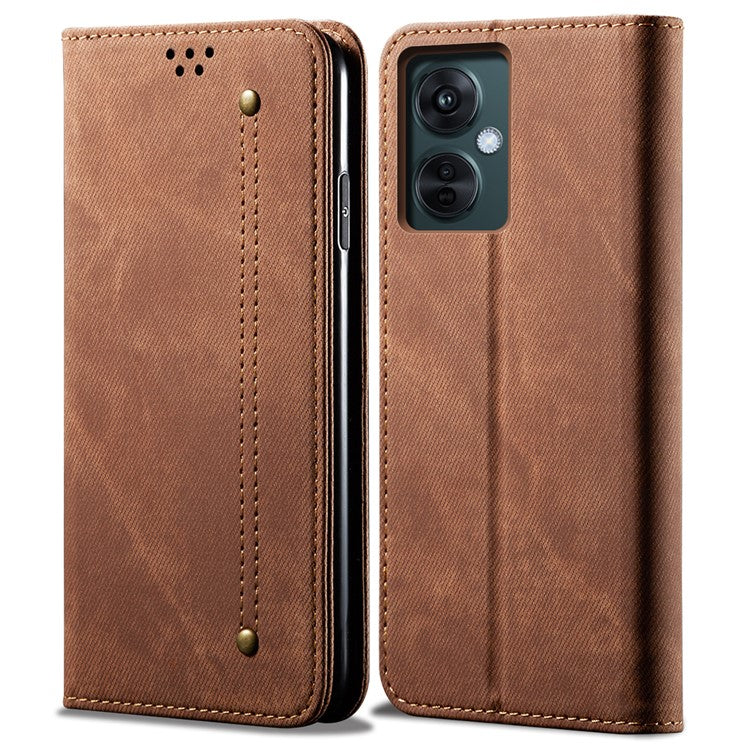 Leather Phone Case for vivo Y78 (China) 5G / Y36 4G (Global) / Y36 5G (Global) , Jeans Cloth Texture Wallet Stand Magnetic Flip Cover - Coffee