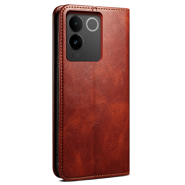 For vivo S17e 5G Waxy Crazy Horse Texture Wallet Case PU Leather Stand Protective Phone Cover - Brown