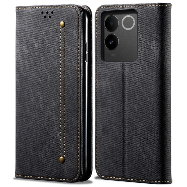 For vivo S17e 5G PU Leather Jeans Cloth Texture Case Stand Flip Wallet Phone Cover - Black