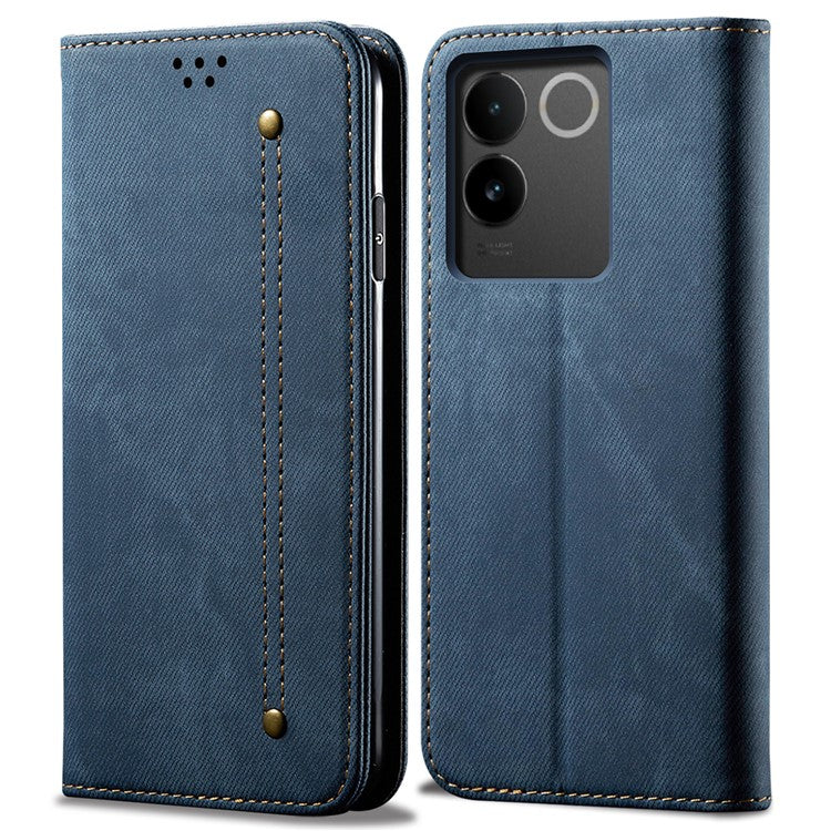 For vivo S17e 5G PU Leather Jeans Cloth Texture Case Stand Flip Wallet Phone Cover - Blue