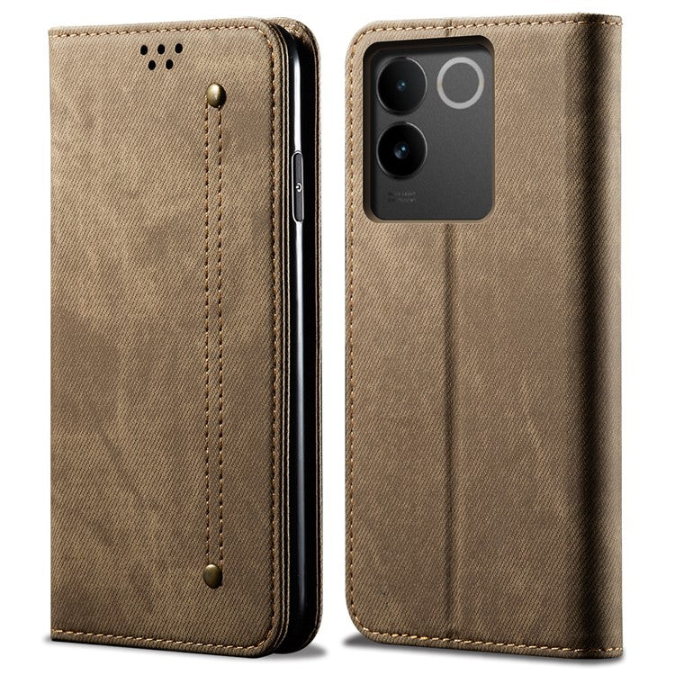 For vivo S17e 5G PU Leather Jeans Cloth Texture Case Stand Flip Wallet Phone Cover - Khaki