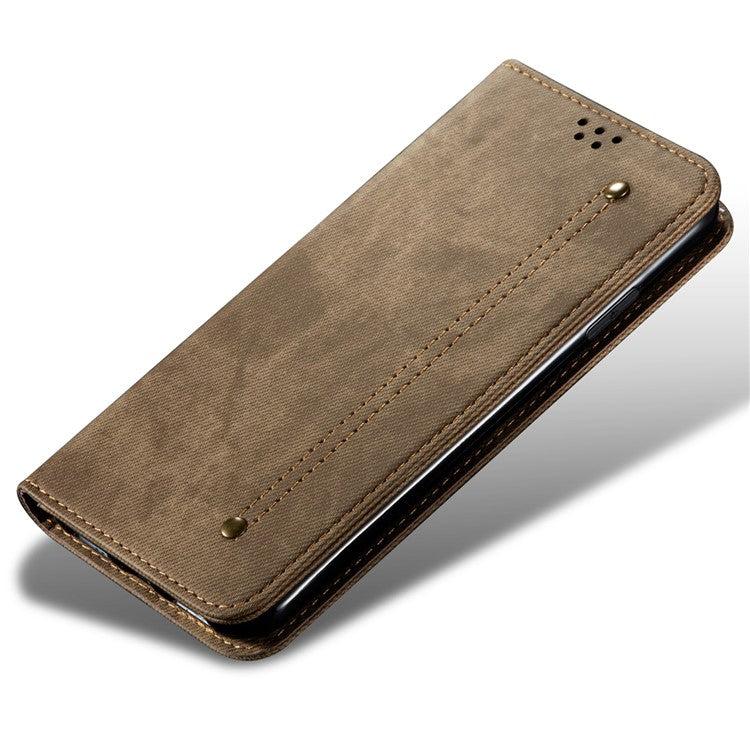 For vivo S17e 5G PU Leather Jeans Cloth Texture Case Stand Flip Wallet Phone Cover - Khaki