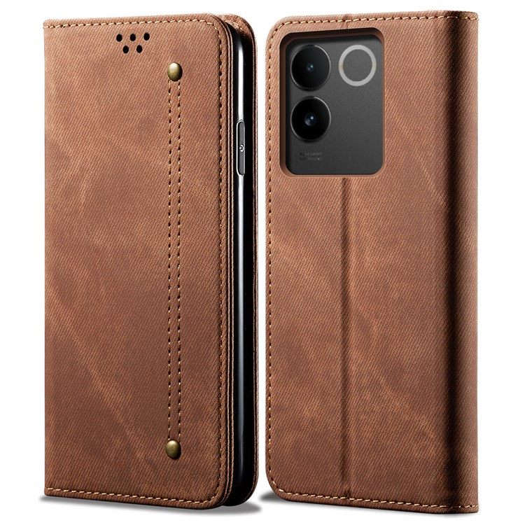 For vivo S17e 5G PU Leather Jeans Cloth Texture Case Stand Flip Wallet Phone Cover - Coffee