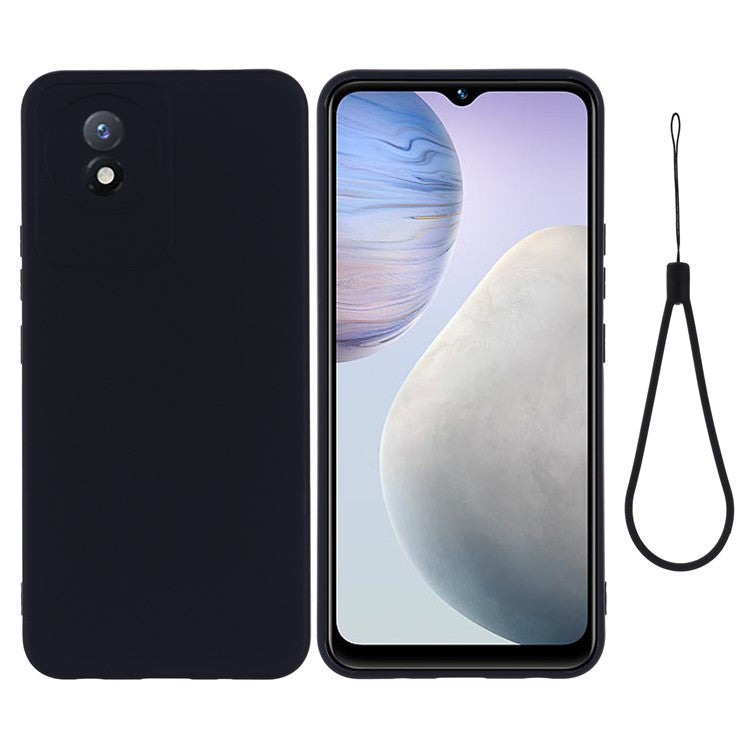 For vivo Y11 (2023) / Y02A 4G Phone Case Soft Lining Liquid Silicone Anti-drop Cover with Strap - Black