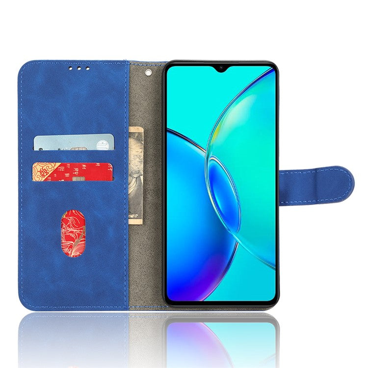 For vivo Y35+ 5G PU Leather Wallet Case Skin-touch Anti-drop Phone Cover with Stand - Blue