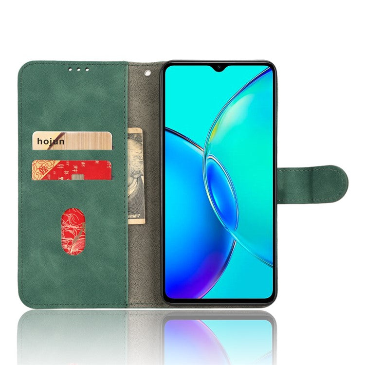 For vivo Y35+ 5G PU Leather Wallet Case Skin-touch Anti-drop Phone Cover with Stand - Green