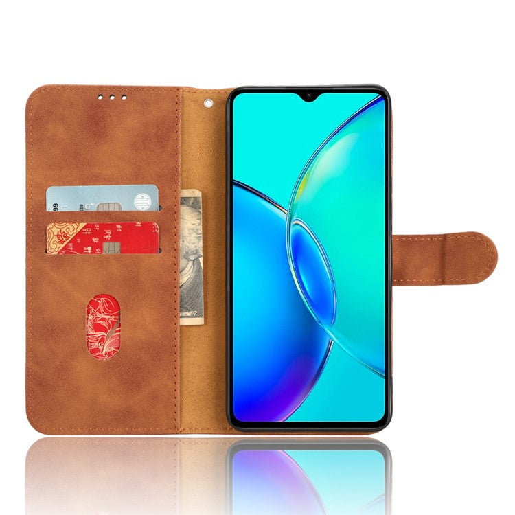 For vivo Y35+ 5G PU Leather Wallet Case Skin-touch Anti-drop Phone Cover with Stand - Brown