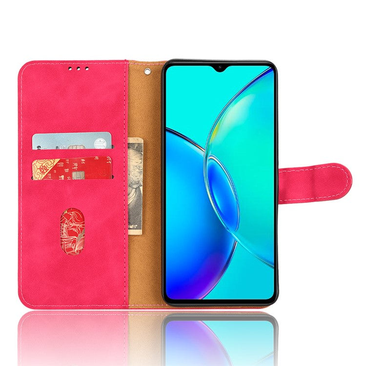 For vivo Y35+ 5G PU Leather Wallet Case Skin-touch Anti-drop Phone Cover with Stand - Rose