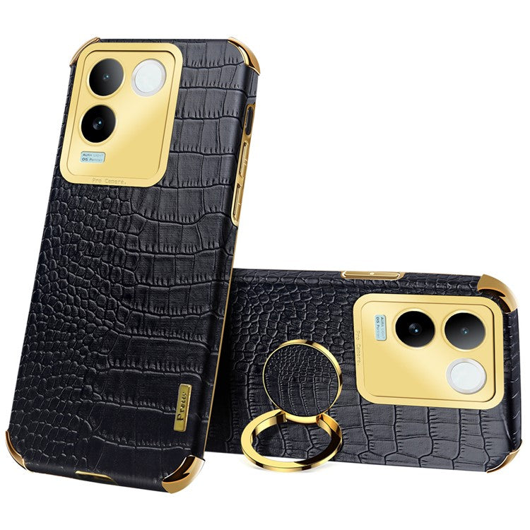 For vivo S17e 5G Crocodile Texture Phone Case 6D Electroplated Kickstand PU Leather + TPU Cover - Black