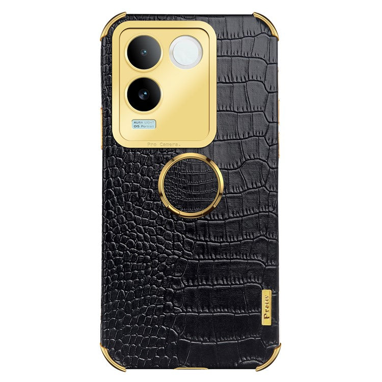 For vivo S17e 5G Crocodile Texture Phone Case 6D Electroplated Kickstand PU Leather + TPU Cover - Black