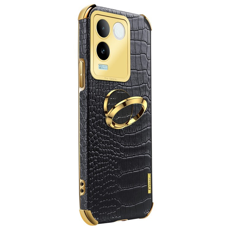 For vivo S17e 5G Crocodile Texture Phone Case 6D Electroplated Kickstand PU Leather + TPU Cover - Black