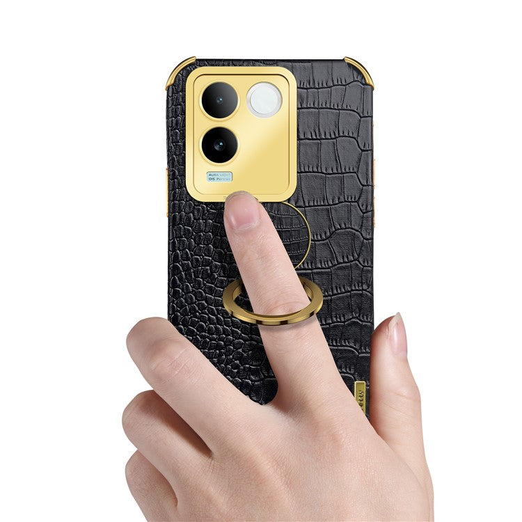 For vivo S17e 5G Crocodile Texture Phone Case 6D Electroplated Kickstand PU Leather + TPU Cover - Black