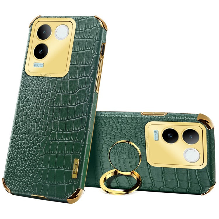 For vivo S17e 5G Crocodile Texture Phone Case 6D Electroplated Kickstand PU Leather + TPU Cover - Green