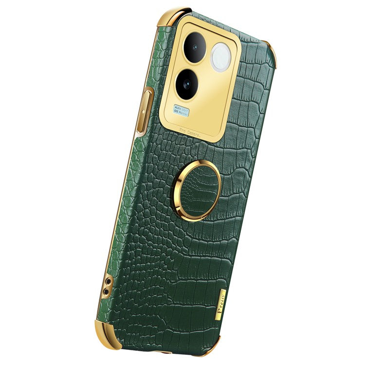 For vivo S17e 5G Crocodile Texture Phone Case 6D Electroplated Kickstand PU Leather + TPU Cover - Green