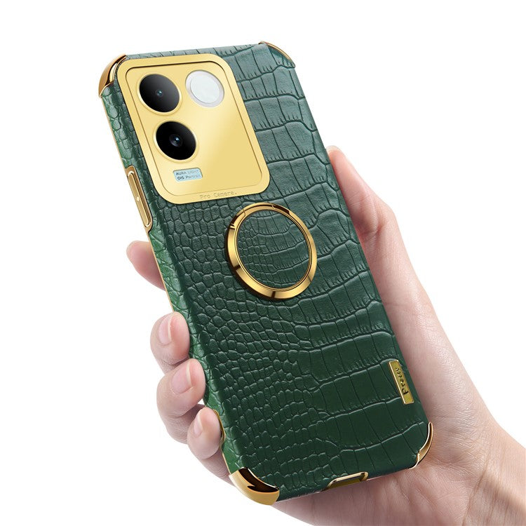 For vivo S17e 5G Crocodile Texture Phone Case 6D Electroplated Kickstand PU Leather + TPU Cover - Green