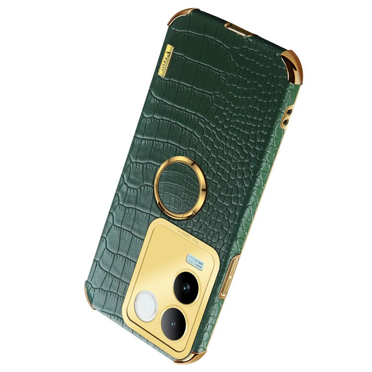 For vivo S17e 5G Crocodile Texture Phone Case 6D Electroplated Kickstand PU Leather + TPU Cover - Green