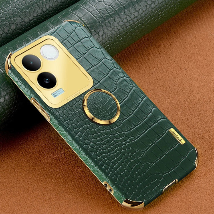 For vivo S17e 5G Crocodile Texture Phone Case 6D Electroplated Kickstand PU Leather + TPU Cover - Green