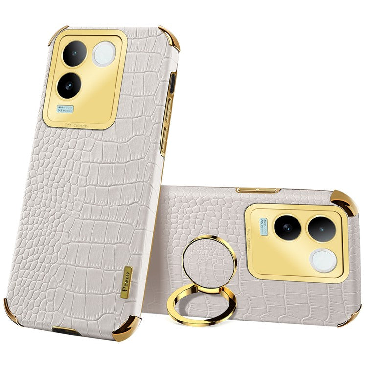 For vivo S17e 5G Crocodile Texture Phone Case 6D Electroplated Kickstand PU Leather + TPU Cover - White