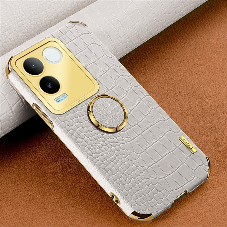 For vivo S17e 5G Crocodile Texture Phone Case 6D Electroplated Kickstand PU Leather + TPU Cover - White