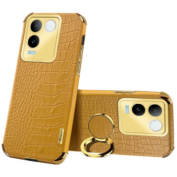 For vivo S17e 5G Crocodile Texture Phone Case 6D Electroplated Kickstand PU Leather + TPU Cover - Yellow