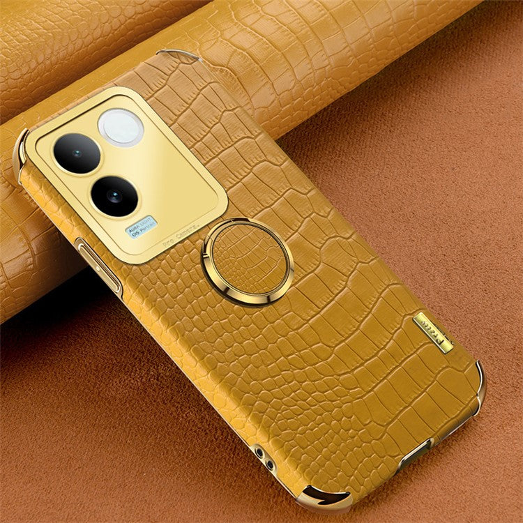 For vivo S17e 5G Crocodile Texture Phone Case 6D Electroplated Kickstand PU Leather + TPU Cover - Yellow