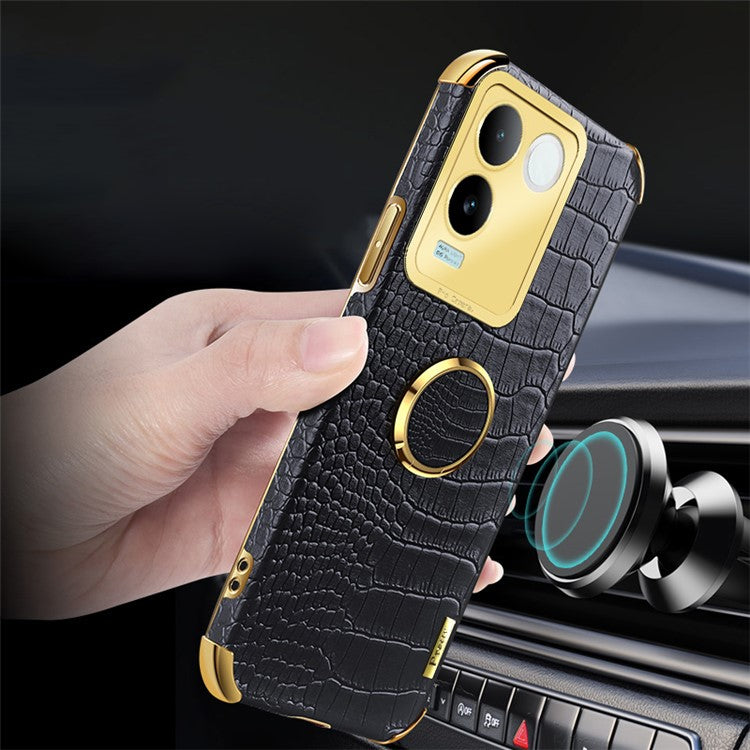 For vivo S17e 5G Crocodile Texture Phone Case 6D Electroplated Kickstand PU Leather + TPU Cover - Yellow