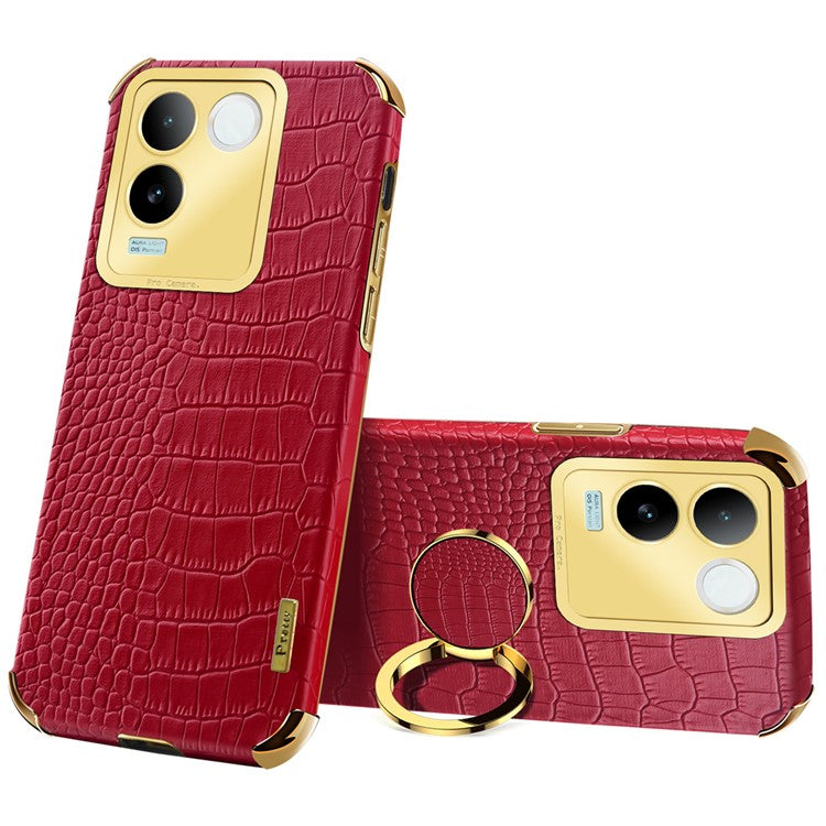 For vivo S17e 5G Crocodile Texture Phone Case 6D Electroplated Kickstand PU Leather + TPU Cover - Red